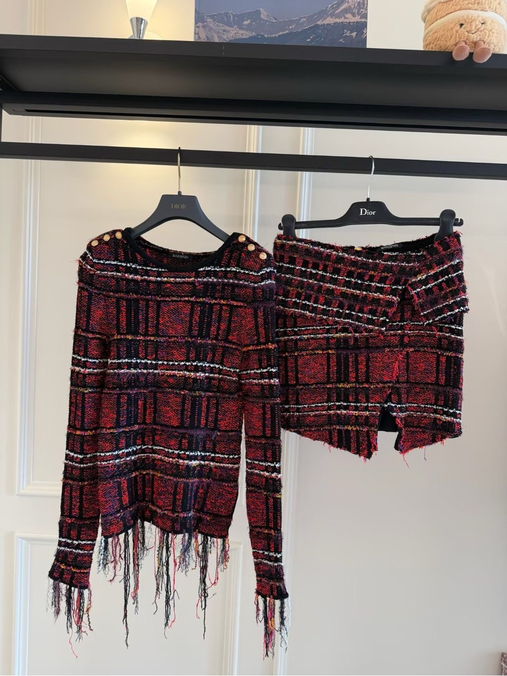 Balmain Red & Black Plaid Fringed Knit Crewneck Set